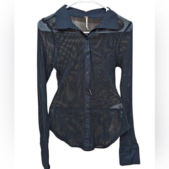 Free People Siggi Button Down Mesh‎ Fishnet Shirt Top S black NWOT - Picture 2 of 9